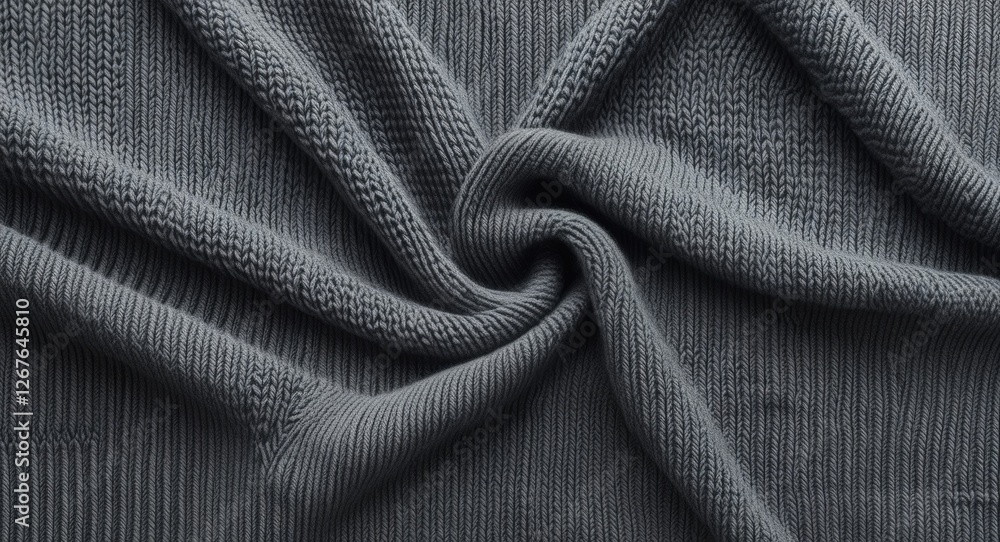 Poster Soft grey knitted fabric texture with intricate patterns and flowing drape ideal for textile backgrounds and fashion designs.