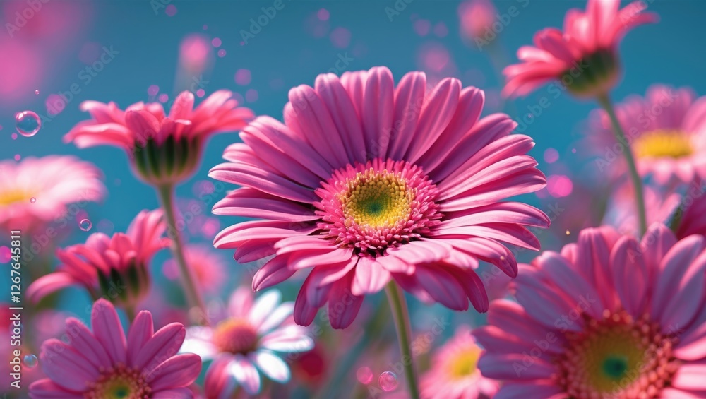 Poster vibrant close-up of pink daisies in selective focus with a dreamy background creating an enchanting 