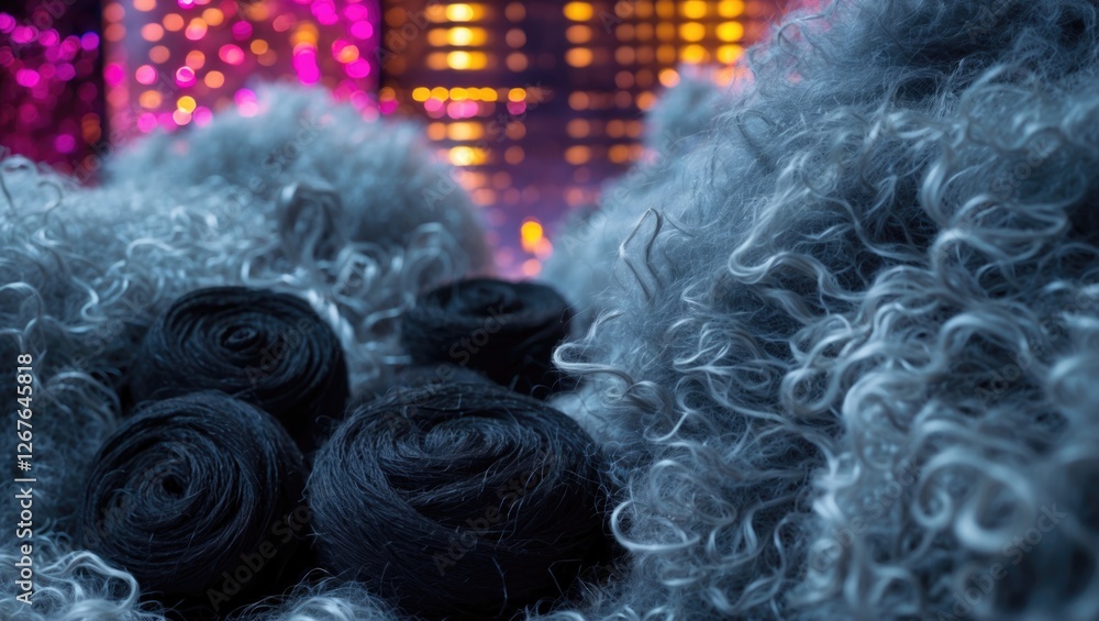 Fototapete Curly gray wool texture with black cotton rolls in the foreground against a blurred colorful background creating a vibrant textile composition.