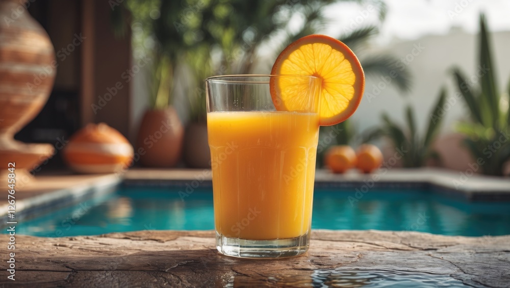 Poster refreshing orange juice in a glass decorated with a slice next to a sparkling pool under warm sunlig