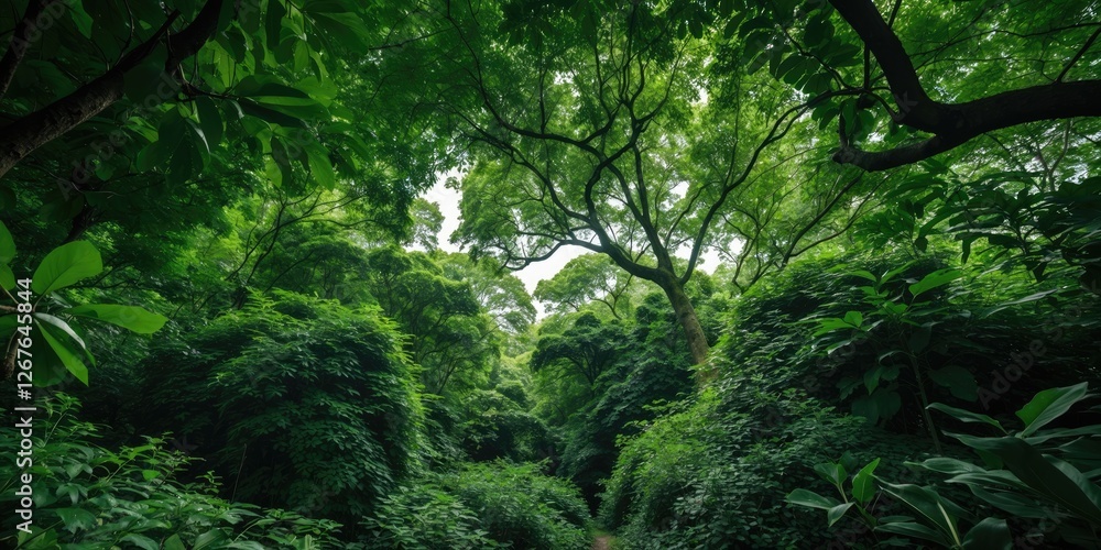 Poster lush green canopy envelops a tranquil forest pathway with ample space for adding text or graphics