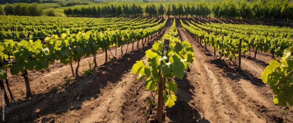 Poster lush green grapevines in a sunlit vineyard during spring showcasing rows of healthy plants and ferti