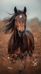 Majestic brown horse standing gracefully in a field of wildflowers during a calm overcast day in the countryside