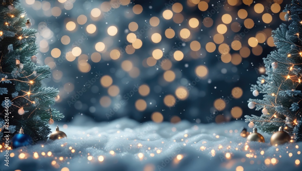 Poster elegant festive abstract background featuring glowing bokeh lights and stars with snowy greenery for