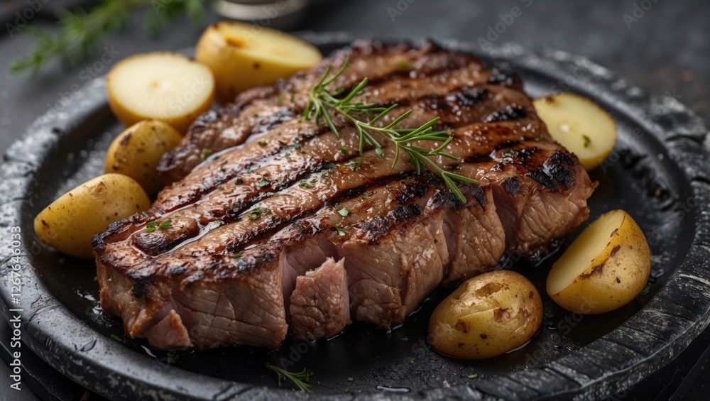 Poster juicy grilled steak served with tender baby potatoes on a rustic plate with space for custom text or