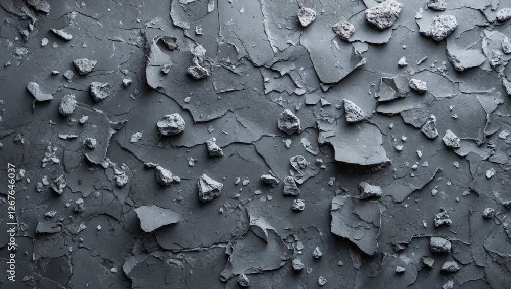 Poster Textured gray surface with cracked paint and rough stones creating an abstract industrial background for design and artistic projects.