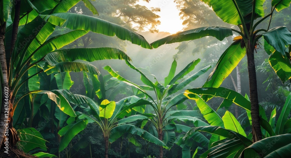 Poster Lush Green Banana Leaves in Morning Light with Soft Focus for Tranquil Background and Space for Text or Design Elements
