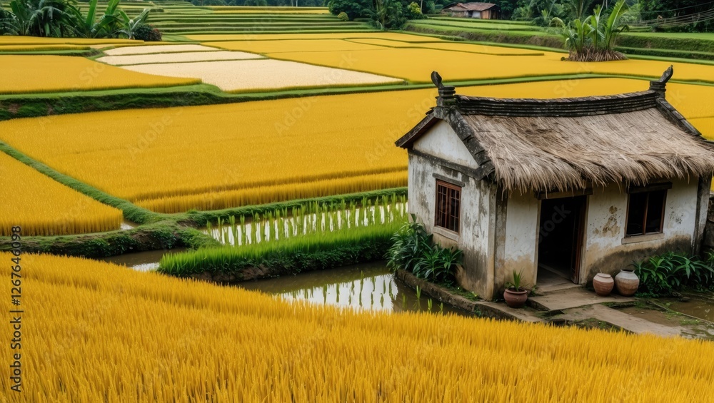 Poster Golden rice fields with an old cottage surrounded by lush greenery providing ample space for text and visual storytelling elements.