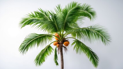 Coconut Palm Tree with Green Leaves and Ripe Fruit Isolated on White Background for Tropical and Exotic Themes