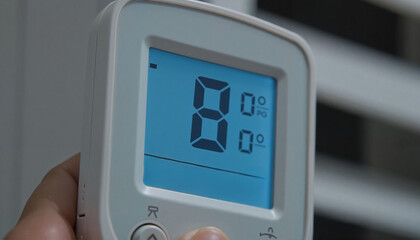 Digital air conditioner remote displaying cool setting, climate control