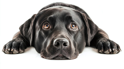 Relaxed black labrador retriever lying down on white background - calm and friendly pet.