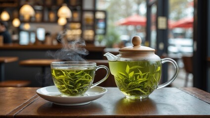 Freshly Brewed Green Tea in a Cozy Cafe Setting with Soft Steam Rising from a Cup and Teapot on a Wooden Table