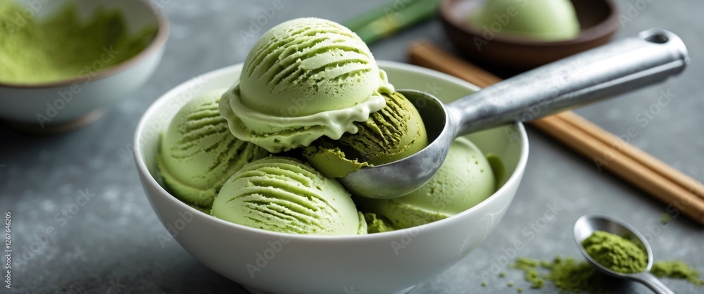 Poster Matcha green tea ice cream scoops in a white bowl with a silver scoop on a textured table setting empty space for text design.