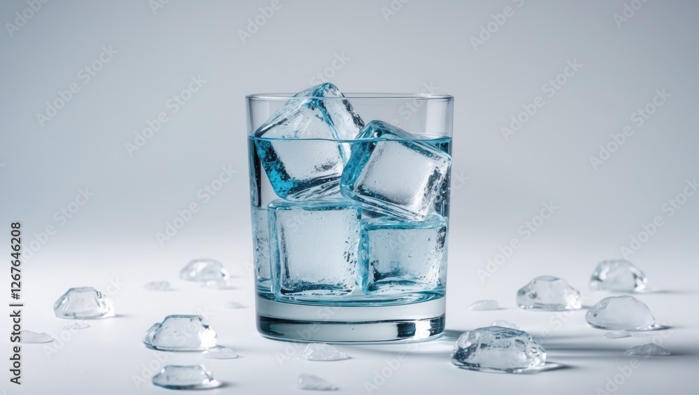 Poster Refreshing Glass of Ice Cubes with Water on White Background for Beverage and Drink Themes with Space for Text and Design Elements