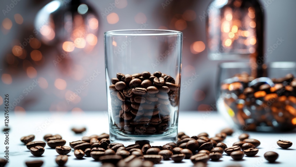 Poster coffee beans in a glass container surrounded by scattered beans with blurred ambient lighting creati
