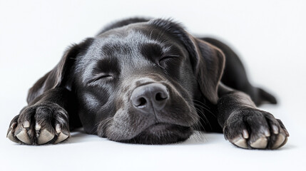 Relaxed black labrador retriever lying down on white background - calm and friendly pet.