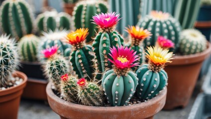 Vibrant Cacti with Colorful Flowers Displayed in a Terracotta Pot in a Lush Greenhouse Setting