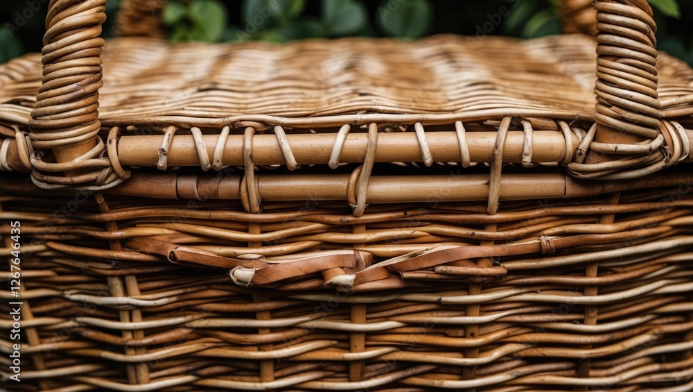 Poster close up of a woven wicker picnic basket showcasing intricate textures and natural fibers ideal for 