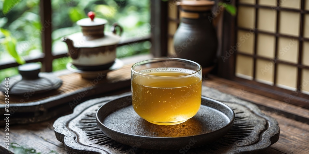 Poster japanese green tea in glass with empty space for text in tranquil setting with traditional teapot an