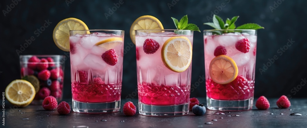 Poster Refreshing Raspberry Lemonade with Ice and Slices of Lemon Garnished with Fresh Mint on a Dark Background