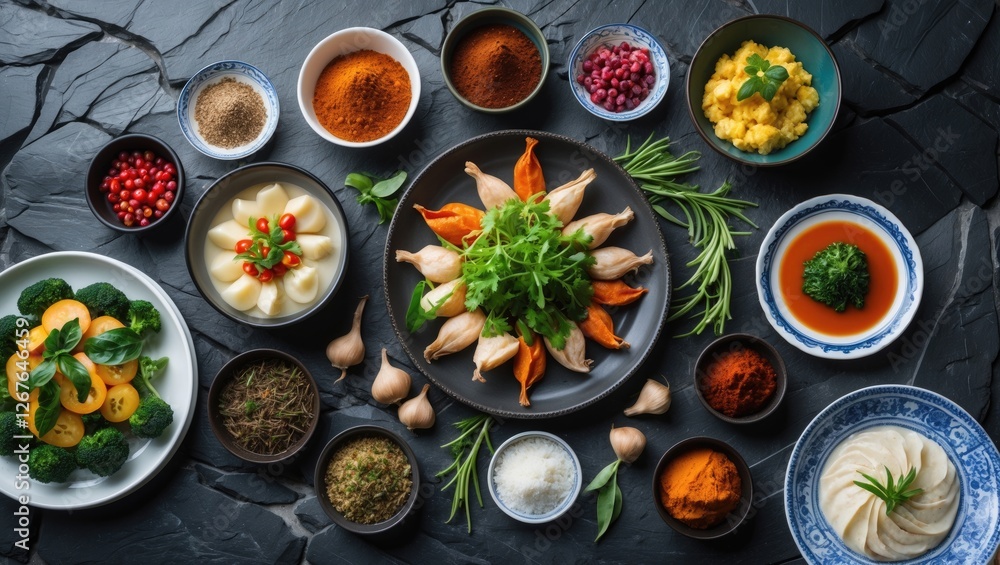 Poster variety of dishes and spices arranged on dark stone table with fresh ingredients and empty space for