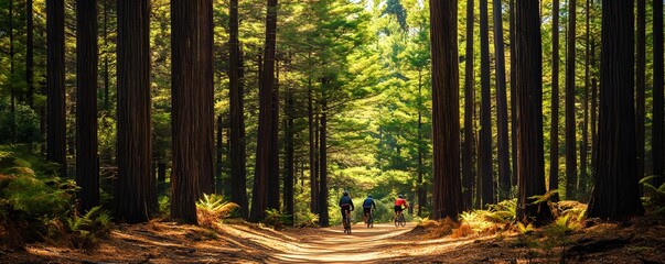 A dynamic shot of mountain bikers exploring the trails in Whakarewarewa Forest, Rotorua, surrounded by towering redwoods