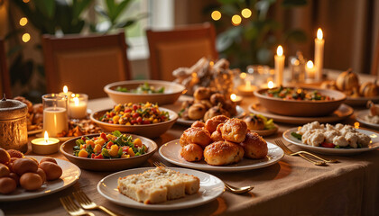 Naklejka premium Richly decorated Iftar table with delicious dishes, family togetherness