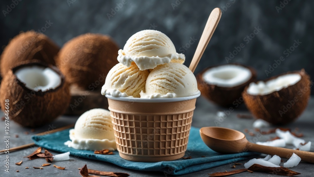 Poster coconut ice cream scoops in a cup surrounded by coconut halves with empty space for custom text