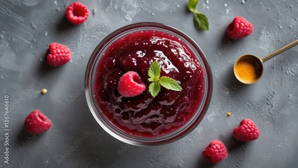 Poster raspberry jam in a glass bowl garnished with mint leaves surrounded by fresh raspberries on a gray t