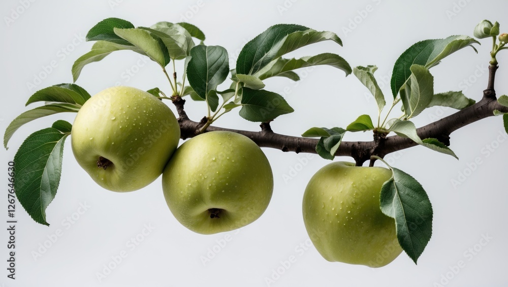 Poster fresh green unripe apples hanging on a branch with lush leaves and neutral background ideal for text