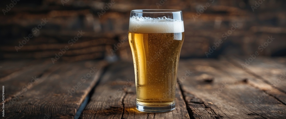 Poster Refreshing Glass Of Cold Pale Beer On Rustic Wooden Table Background With Space For Text Or Branding