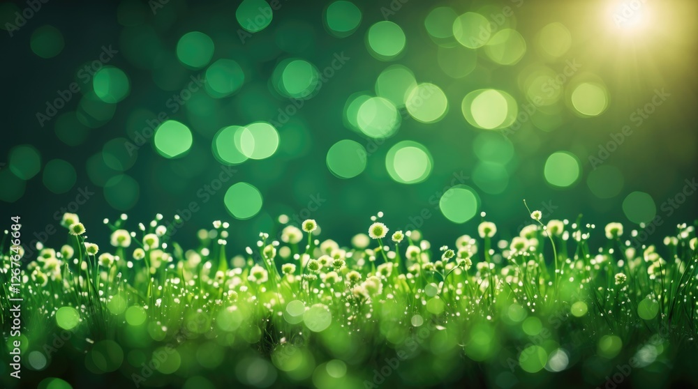 Poster Vibrant green bokeh background with soft light and delicate flowers creating a serene and tranquil natural ambiance for various design needs.