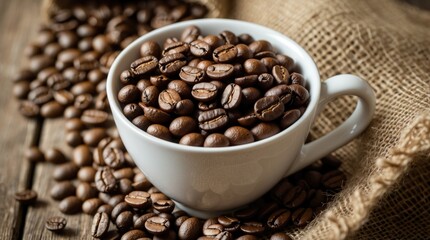 Fototapeta premium Coffee beans overflowing in a white cup on rustic burlap background showcasing rich textures and natural elements for coffee lovers
