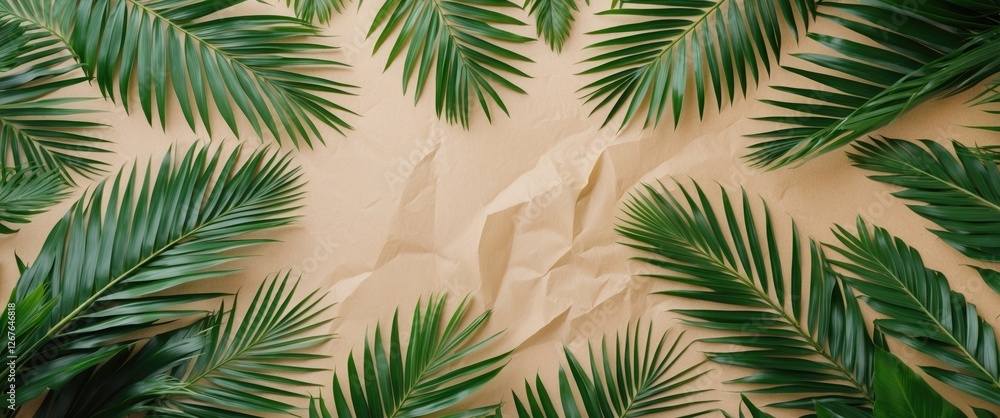 Poster tropical palm leaves arrangement on textured background with copy space for nature themed designs an