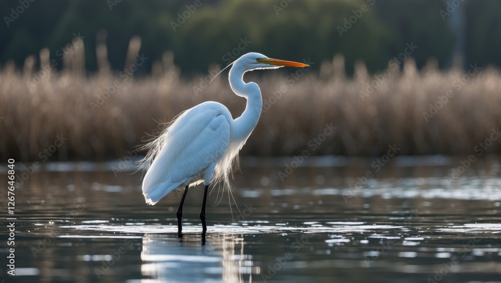 Poster great white egret standing gracefully in calm water with lush background and space for text or desig
