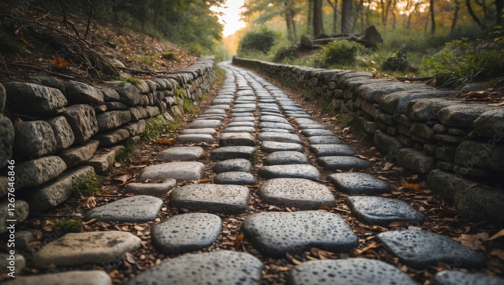 Poster scenic cobblestone pathway surrounded by stone walls in a tranquil forest environment during autumn 