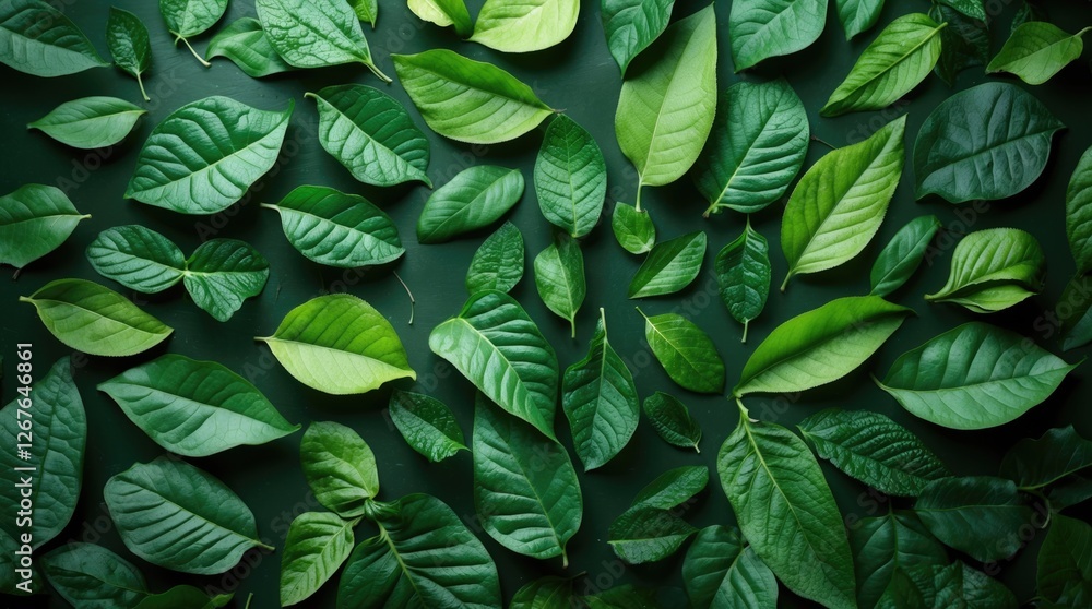 Poster diverse collection of green leaves arranged on a dark surface perfect for natural backgrounds and de