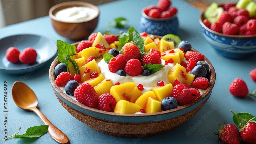 Poster vibrant fresh fruit salad with yogurt in a rustic bowl on a table with empty space for text and deco