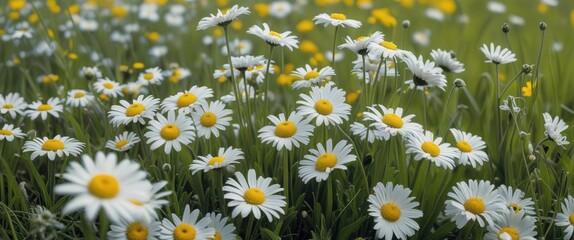 Vibrant Daisy Flowers in a Lush Spring Meadow with Soft Green Grass and a Bright Yellow Centered Composition