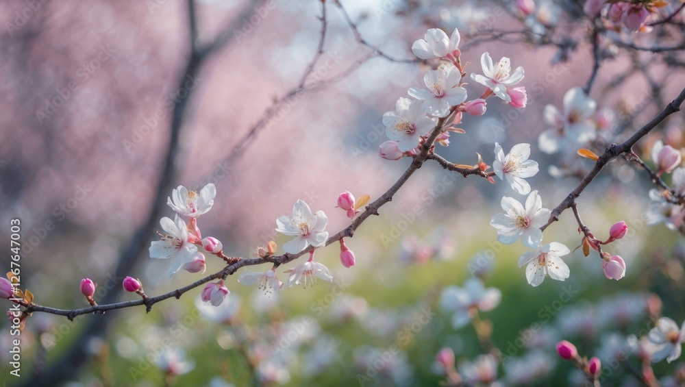 Aufkleber delicate cherry blossom branch against blurred background with copy space for text in spring garden 