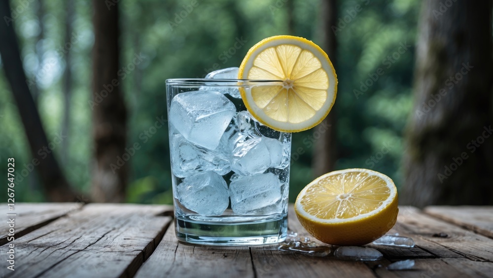 Poster refreshing glass of ice with lemon slice on wooden table in natural setting, ideal for summer drink 