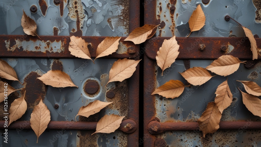 Poster autumn leaves scattered on a weathered rusty metal surface creating a textured background with earth