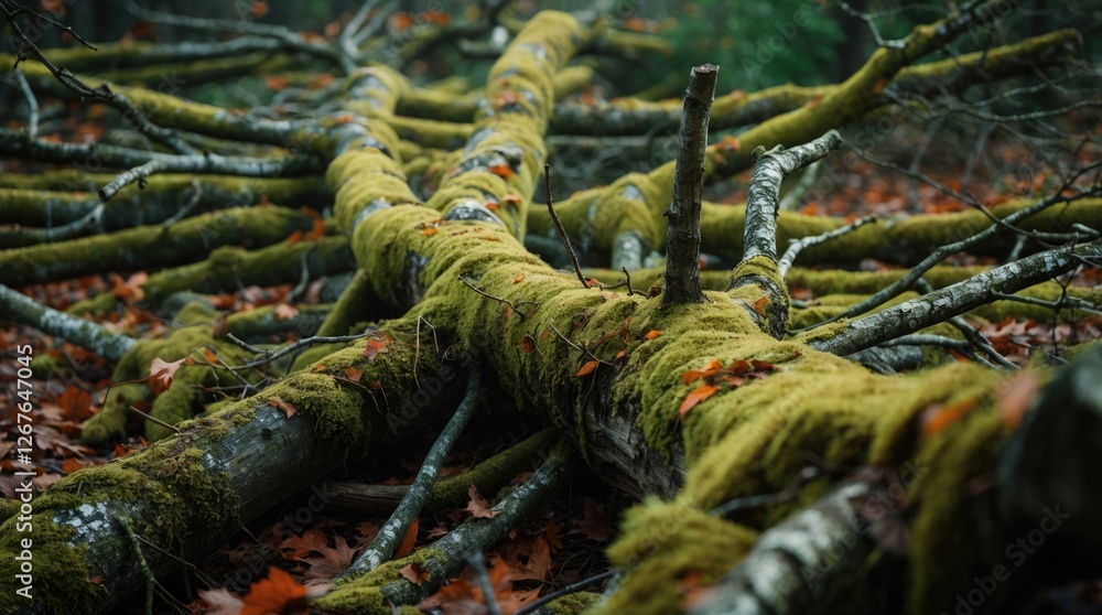 Poster moss-covered fallen branches in a serene forest setting with scattered autumn leaves creating a tran