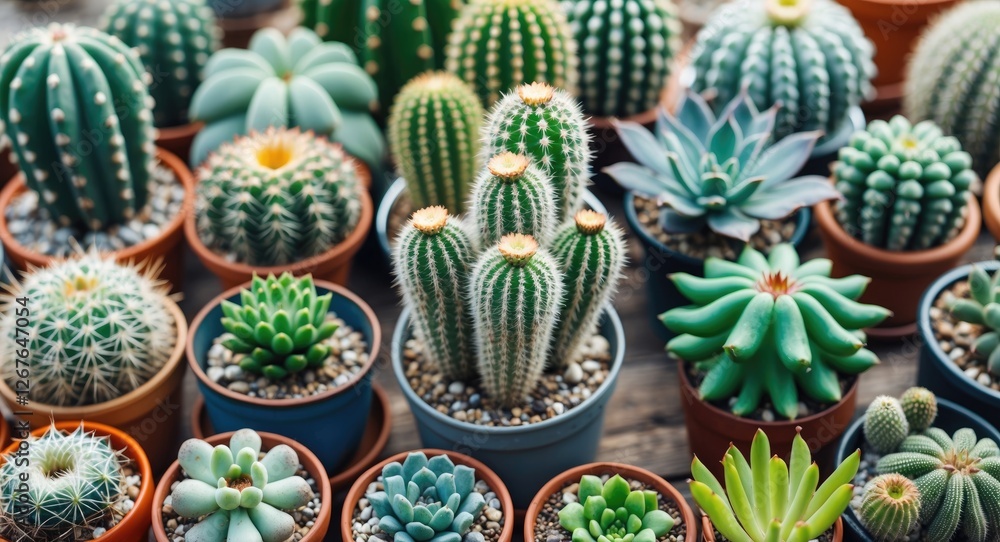 Aufkleber diverse collection of cactus and succulent plants in colorful pots with space for text and design el