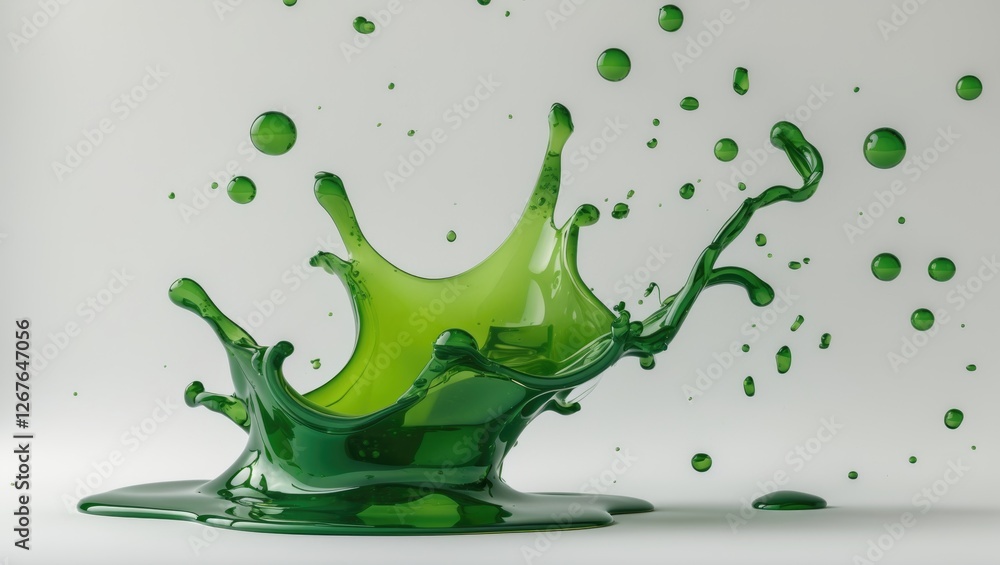 Poster Vibrant Green Liquid Splash on White Background with Copy Space for Creative Text or Graphic Design Usage