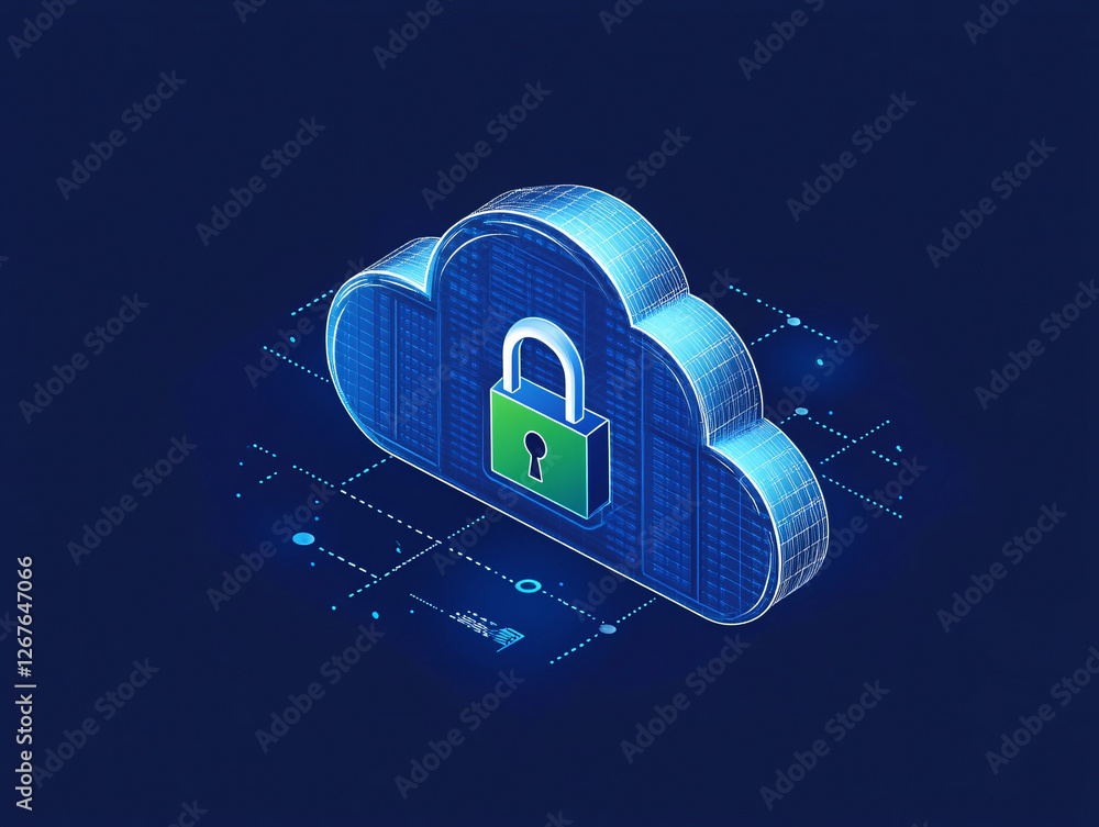 Poster a 3d blue cloud security concept with a glowing lock symbol and digital network connections represen