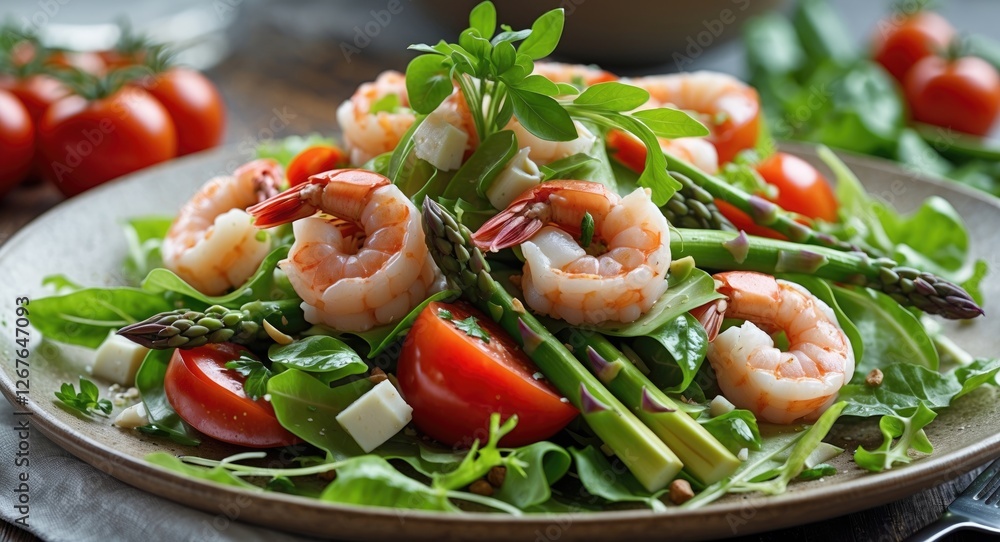 Aufkleber fresh gourmet salad with prawns, tomatoes, and asparagus on a plate with vibrant greens and empty sp