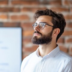 Pensive Man with Beard and Glasses Looks Upward