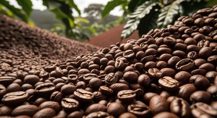 Fototapeta premium Coffee Beans Piled on a Kenyan Coffee Farm with Lush Green Foliage in the Background