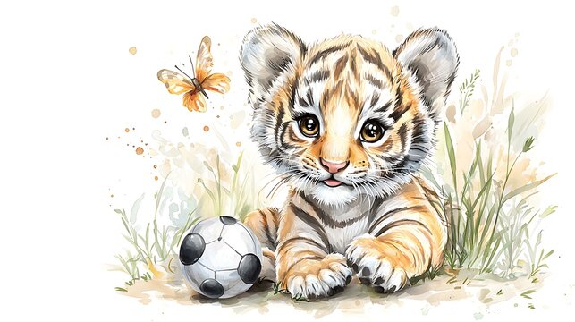 A chibi tiger cub playing with a ball, surrounded by watercolor splashes of orange and black, isolated on a soft background